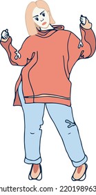 young plus size girl in hoodie jeans and sneakers casual urban style vector hand drawn illustration