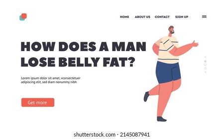 Young Plus Size Male Character Loss Belly Fat Landing Page Template. Overweight Man Active Sport Life, Stages Of Weight Loss. Slimming Exercises, Fitness Lifestyle. Cartoon People Vector Illustration