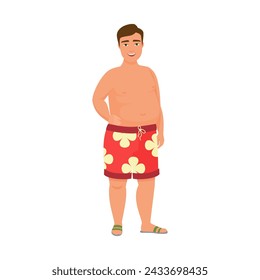 Young plus size man in funny shorts and sandals standing on beach vector illustration