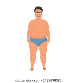 Joven hombre de talla grande con gafas y traje de baño de pie en la playa y sonriente ilustración vectorial