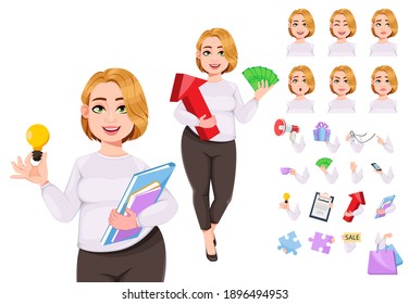 Young plus size pretty woman. Beautiful overweight businesswoman, pack of body parts, emotions and things. Build your personal design. Stock vector illustration