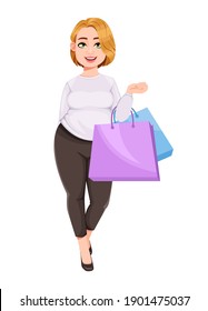 Mujer guapa joven más grande. Hermosa mujer de negocios con sobrepeso yendo de compras. Ilustración vectorial de acciones