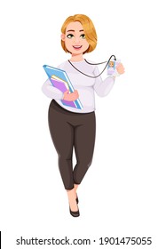 Young plus size pretty woman. Beautiful overweight businesswoman holding badge. Stock vector illustration