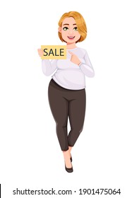 Young plus size pretty woman. Beautiful overweight businesswoman holding card for sale. Stock vector illustration