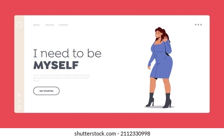 Young Plus Size Stylish Lady Landing Page Template. Woman Wearing Blue Mini Dress and Black Heels Posing and Waving Hand. Plump Female Character Spring Fashion. Cartoon People Vector Illustration