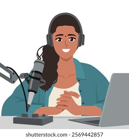 Young Podcaster woman character talking with the audience. Flat vector character illustration