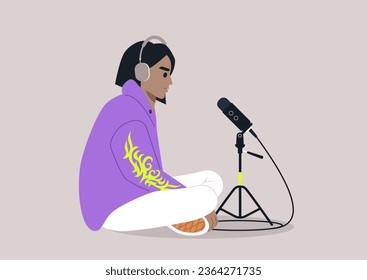 A young podcaster in a Y2K aesthetics hoodie recording the next episode of the show, They sit confidently in front of a high-quality microphone, poised to deliver engaging content to their audience