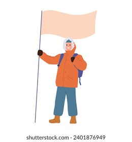 Young polar explorer cartoon character wearing warm protective clothing putting flag on top