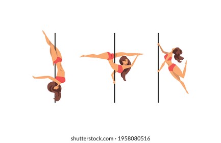 Young Pole Dancer Performing Acrobatics on Vertical Pole Vector Set