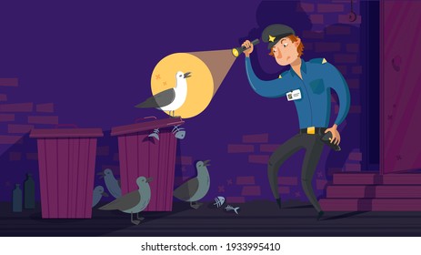 A young police officer makes a night tour of the territory. 
large gulls live near garbage cans. 
Unexpected meeting scared the policeman.
