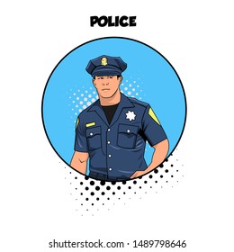 A Young Police Officer Is Standing With Pop Art Vector Style