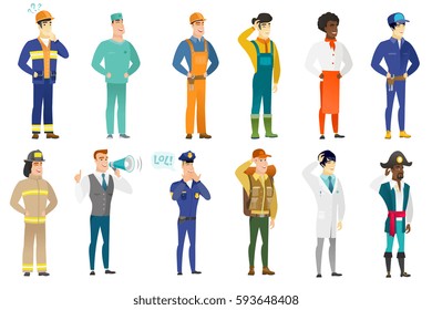 Young policeman laughing out loud. Policeman and speech bubble with text - lol. Policeman laughing out loud and covering his mouth. Set of vector flat design illustrations isolated on white background