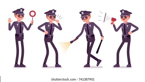 Young policeman with light and signals. Directing traffic, police training academy students performing regular investigations. Vector flat style cartoon illustration isolated on white background