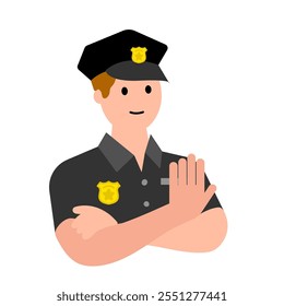 Jovem policial mostra sinal de pare. Pare. Ilustração simples de cor plana do vetor.