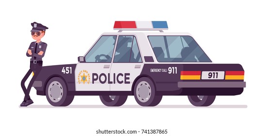 Young policeman standing near car at station or post, in service and ready for duty on city streets to control traffic. Vector flat style cartoon illustration isolated on white background