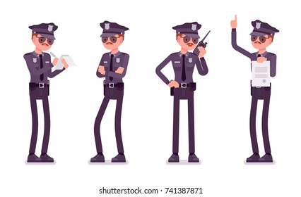 Young policeman unhappy with his job. Responding to 911 call, prepare required paperwork, making record of evidence. Vector flat style cartoon illustration isolated on white background