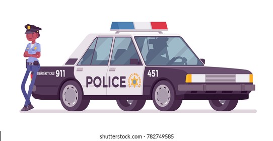 Young policewoman, female member of a police force standing near car, ready for duty on city streets to control traffic. Vector flat style cartoon illustration isolated on white background