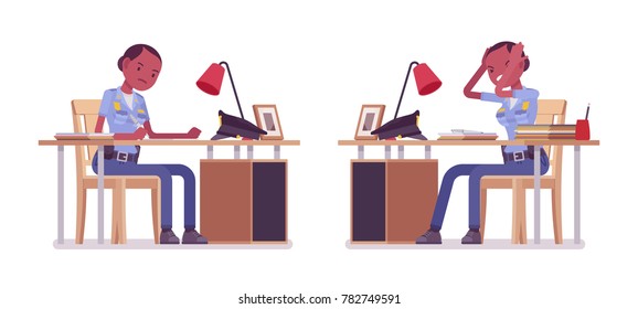 Young policewoman, female member of a police force working at desk, wearing official uniform, tired with routine duty. Vector flat style cartoon illustration isolated on white background