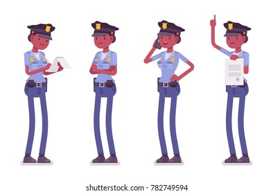 Young policewoman, female member of a police force busy at her job. Responding to 911, prepare paperwork, making record of evidence. Vector flat style cartoon illustration isolated, white background