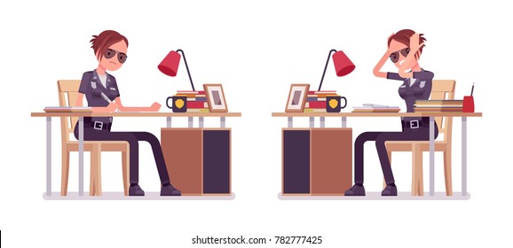 Young policewoman, female member of a police force working at desk, wearing official uniform, tired with routine duty. Vector flat style cartoon illustration isolated on white background