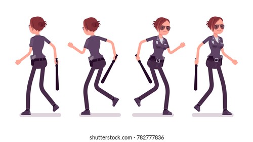 Young policewoman, female member of a police force walking and running. Patrolling neighborhoods, keep citizens safe, foot patrol. Vector flat style cartoon illustration isolated on white background