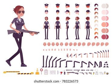 Young policewoman, female member of police force in uniform character creation set. Full length, different views, emotion, gestures. Build your own design. Vector illustration