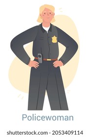 Young Policewoman. Strong female character in police uniform, with walkie talkie. Girl catches criminal and monitors compliance with laws. Cartoon flat vector illustration isolated on white background