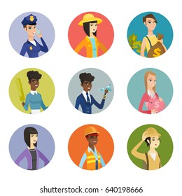 Young policewoman talking on a mobile phone. Caucasian policewoman with mobile phone. Set of different professions. Set of vector flat design illustrations in the circle isolated on white background.