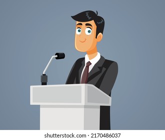 
Young Politician Giving a Speech Vector Cartoon Illustration. Spokesman giving a presentation from the tribune at press conference
