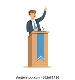 Young Politician Speaking Behind The Podium, Public Speaker Character Vector Illustration