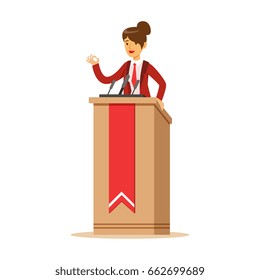 Young Politician Woman Speaking Behind The Podium, Public Speaker Character Vector Illustration