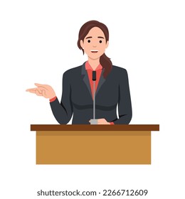 Young politician woman standing behind rostrum and giving a speech, public speaker character. Flat vector illustration isolated on white background