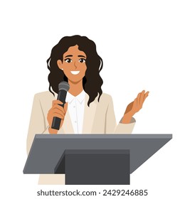 Young politician woman standing behind rostrum and giving a speech, public speaker. Flat vector illustration isolated on white background