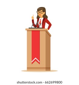 Young Politician Woman Standing Behind Rostrum And Giving A Speech, Public Speaker Character Vector Illustration