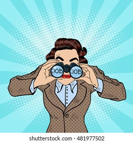 Young Pop Art Woman Searching for a Job and Looking into Binoculars. Vector illustration