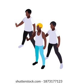 Cantantes pop jóvenes bailando en la ilustración vectorial isométrica del escenario 3d
