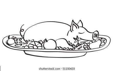 Young pork on dish. Contour vector illustration. Isolated on white.