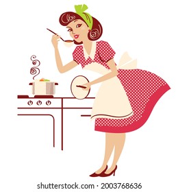 Young portrait of housewife in retro fashion red dress cooking soup. Vector illustration isolated on white for design