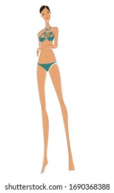 Joven posando modelo de dibujo a color chica sobre fondo blanco, vectorial ilustración plana de la hermosa mujer en ropa de baño azul con para concepto de belleza, camiseta impresa, tarjeta, afiche, revista