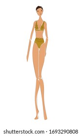 Junge, die Modelfarbskizze auf weißem Hintergrund, Vektorillustration-Fladegrafik einer schönen Frau in Goldbekleidung mit Beauty Concept, T-Shirt-Druck, Karte, Poster, Magazin