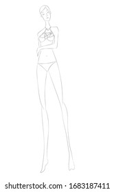 Young posing model sketch girl on a white background, vector fashion illustration of beautiful woman silhouette in swimwear with for Beauty Concept, t-Shirt Print, card, poster, magazine
