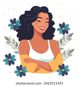 Young positive Asian woman with flowers.  Caring for yourself, loving yourself, supporting yourself.  Web design. Illustration, vector