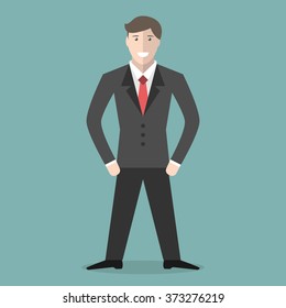 Young positive businessman character standing, front view. Business, success, job, professional, management concept. EPS 8 vector illustration, no transparency