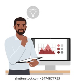 Young positive designer with great ideas in head and light bulbs above. Flat vector illustration isolated on white background