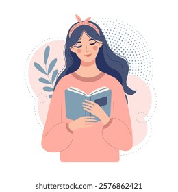 Young positive girl with a book in her hands. Self-care, self-love. Psychological therapy. Vector illustration in simple flat style.