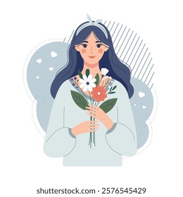 Young positive girl with a bouquet of flowers in her hands. Self-care, self-love. Psychological therapy. International women's day illustration. Vector illustration in simple flat style.