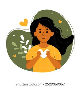 Young positive girl with heart in hands. Mental health. The concept of self-care and self-love. Psychological therapy. Vector illustration in simple flat style.