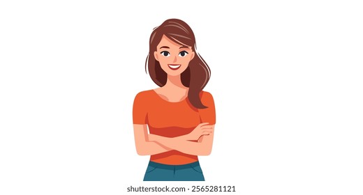 Young positive gorgeous woman standing crossed arms. Flat vector illustration isolated on white background