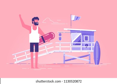 Young positive lifeguard is standing on a beach and holding rescue buoy with lifeguard station on background. Modern character design. Flat vector illustration.
