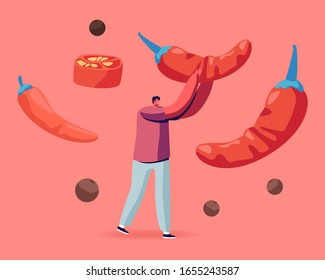 Young Positive Man Holding Huge Red Chili Pepper above Head and Peppercorns Scattered around. Male Character with Hot Ingredient for Cooking Spicy Seasoning Meal. Cartoon Flat Vector Illustration